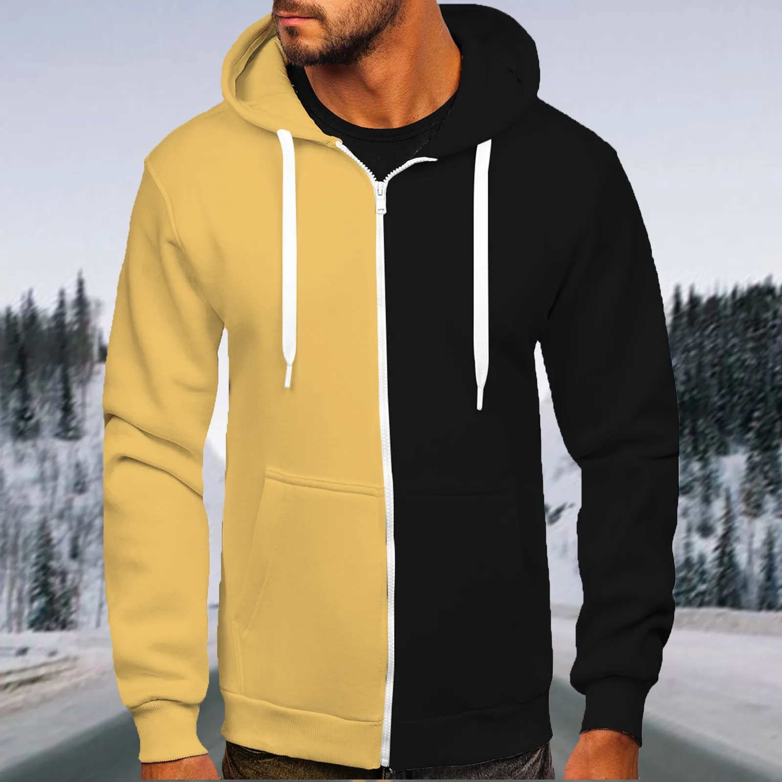 

Male Autumn And Winter Leisure Travel Sports Matching Color Slim Fit Zipper Hooded Long Sleeve Sweater Top Hoodie Men Graphic