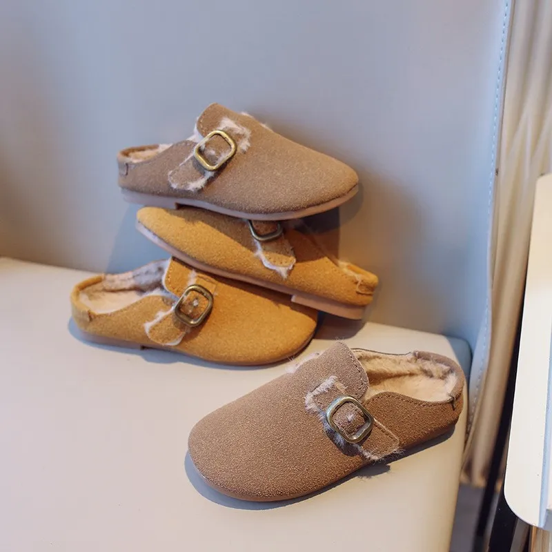 

CUZULLAA Autumn Winter Children Girls Elegant Plush Lining Slippers Shoes Kids Girls Fashion Buckle Slippers Size 26-36