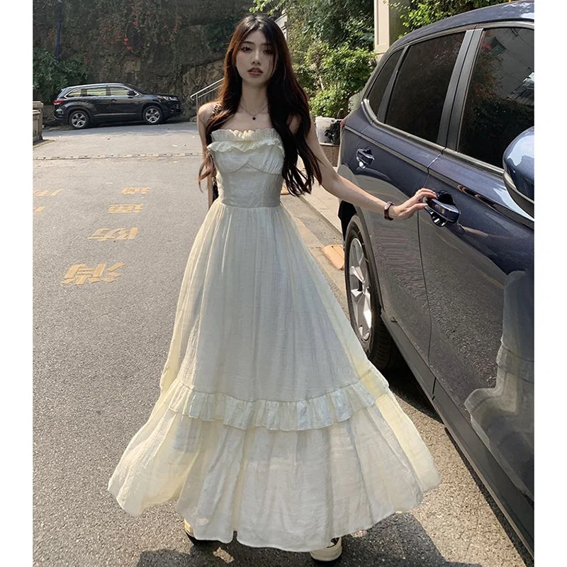 

Винтажное женское платье с оборками, корейское однотонное милое элегантное платье миди в стиле преппи, летнее повседневное ТРАПЕЦИЕВИДНОЕ ПЛАТЬЕ на бретелях-спагетти без рукавов