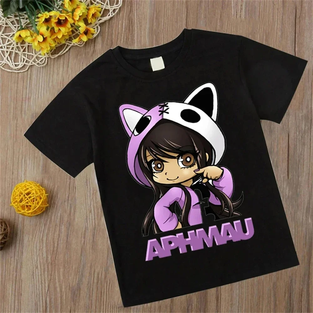 Фото Детская футболка с мультяшным принтом аниме-кошки, с рисунком серии Aphmau для девочек и мальчиков, из полиэстера, мягкая и удобная. №1