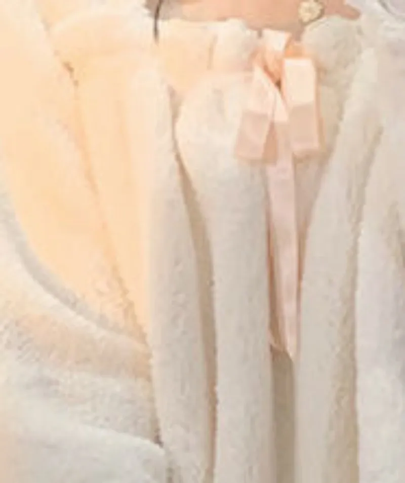 Girl Winter White Thin Thickened Nightgown Polyester Comfortable Square Collar Lace At Cuffs Leisure Wear With A Bow Decoration