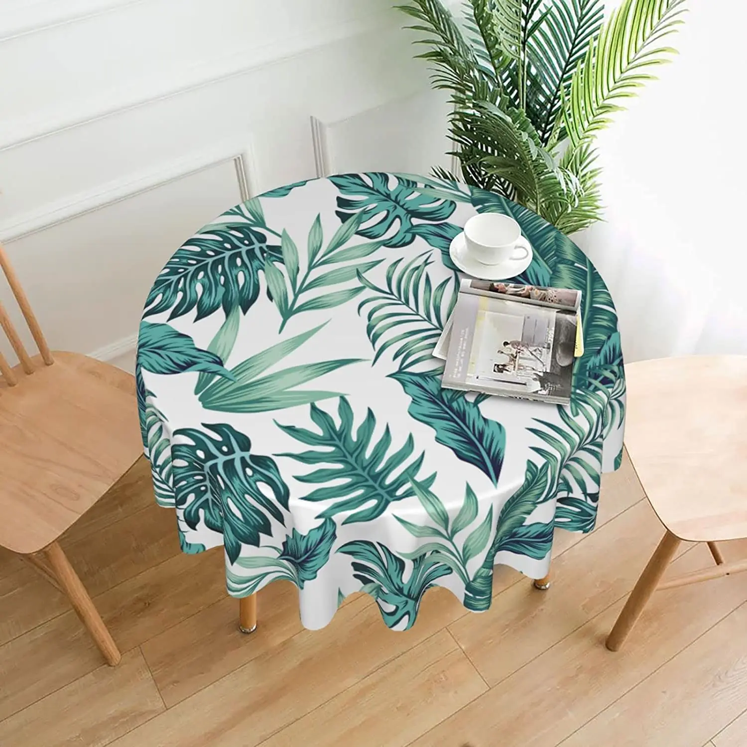 

Tropical Palm Leaf Round Table Cover Polyester Stain and Wrinkle Resistant Table Cloth for Kitchen Dining Coffee Party