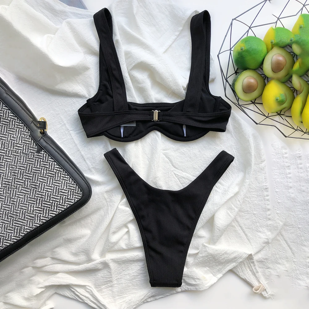 

Feminine Bikinis Sexy Ribbed Women's Swimsuit Push Up Swimwear Solid Biquini Mujer Bathing Suits Strap Beach Bandeau Thong Suit