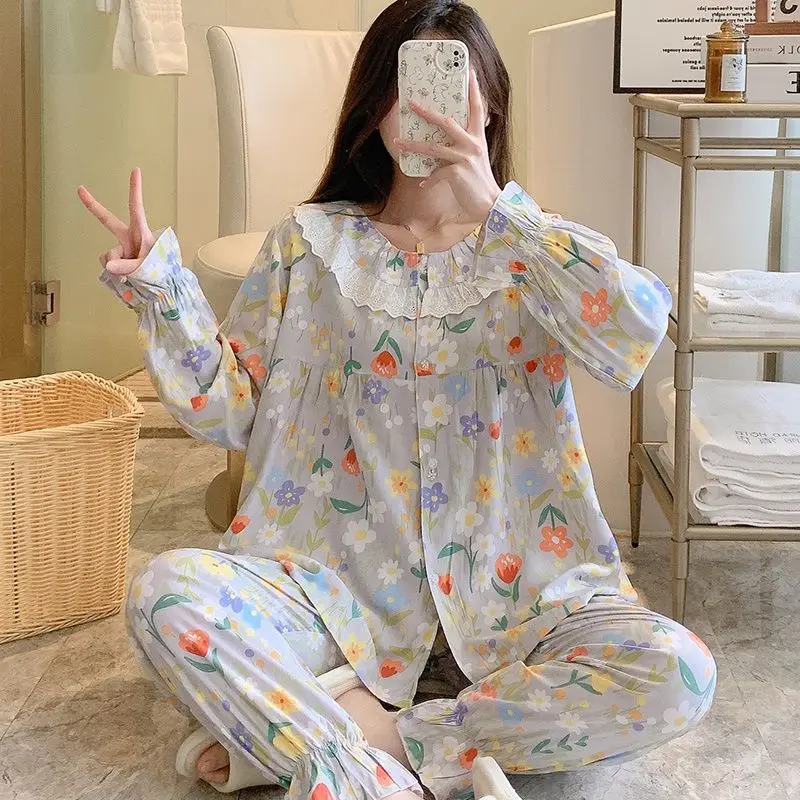 1 Spring and autumn new cotton silk pajamas women's thin suit cardigan plaid cardigan cotton home clothes