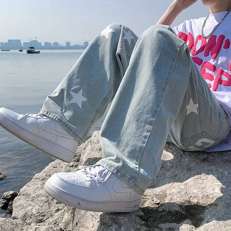 Printed Jeans Men's Spring Loose Casual Fashionable Ins Personalized High Street Straight Hip Hop Wide-Leg Trousers