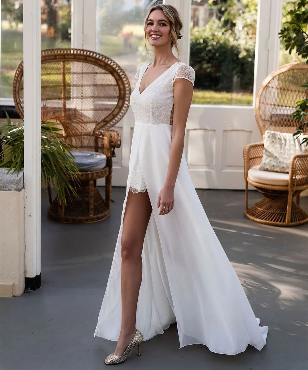 

13292#Elegant V-Neck Elegant Soft Chiffon High Low Backless Cap Sleeves Lace Sexy Simple Bohemian Wedding Dress Bridal Gown