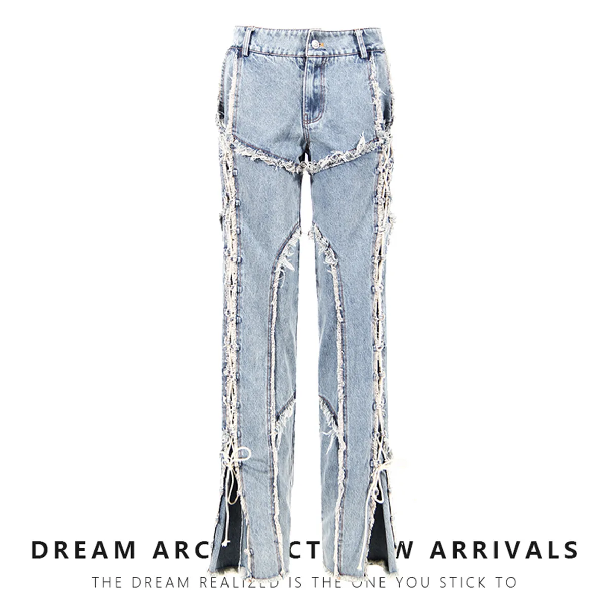 

High-waist Long Jeans Vintage Streetwear Baggy Woman Trousers Lace-up Casual Denim Simple Cuff-slit Pants Pantalones De Mujer