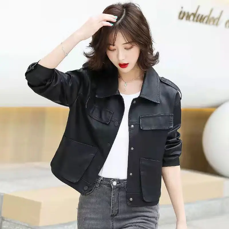 Fashion Spring and Autumn Short Solid Color Leather Jacket Women Korean Casual Temperament Stand-up Collar Short Jacket Women