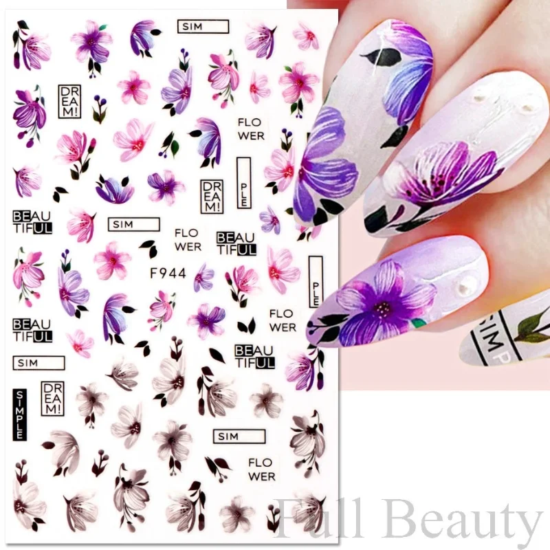 

3D Flower Petal Adhesive Nail Stickers Purple Tulip Leaf Clover Summer Fruit Geometric Line Floral Manicure Sliders Decoration