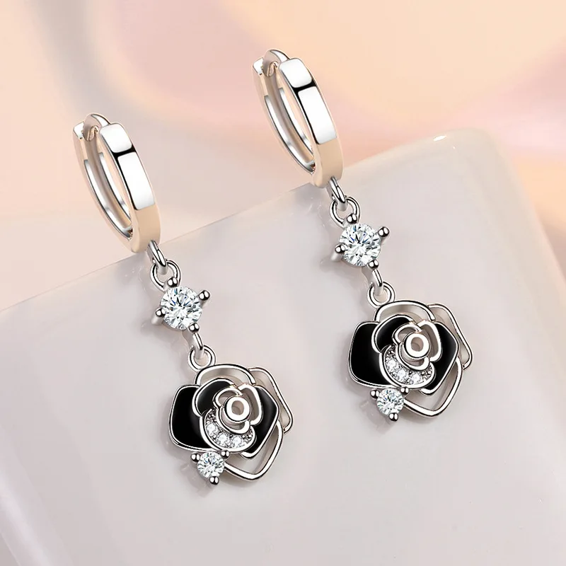 KOFSAC Trendy 925 Sterling Silver Hoop Earrings For Women Charm Black Rose Jewelry Shiny Zircon Long Earring Jewelry