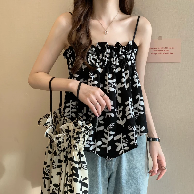 New Summer Tank Top Women Outwear Fashion Vintage Floral Print Pleated Loose Sleeveless Crop Tops Femme