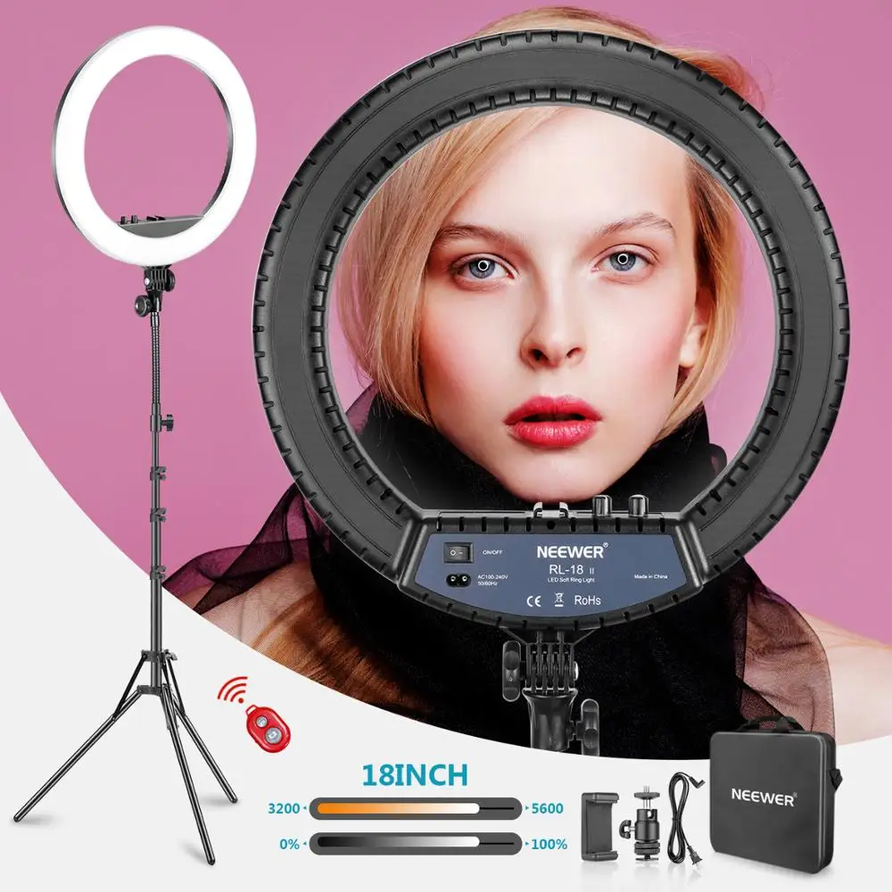 

Neewer RL-18II Bi-color 18-inch LED Ring Light With Stand 55W 3200-5600K Dimmable Light With Max. 61.8inch Stand And Carry Bag