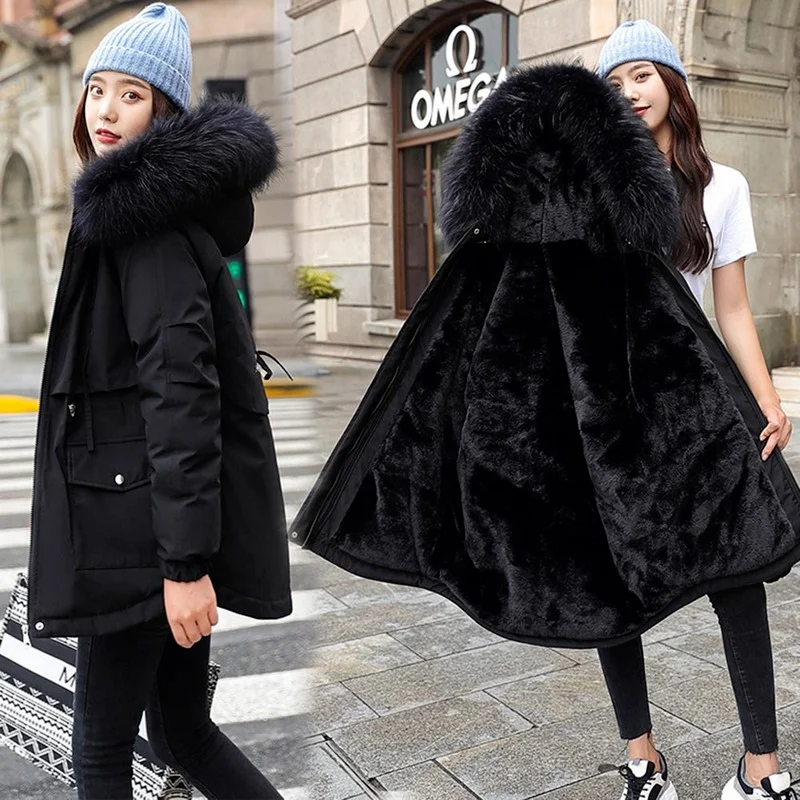 Jacket Women Casual Parka Winter Clothes Fur Lining Hooded Parka Ladies Jacket 2021 New Style Cotton Padded Warm Winter Jacket