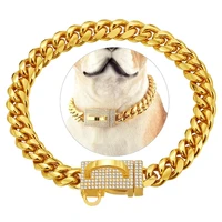 gold dog collar choke with diamond lock metal cuban link chain for american pitbull german shepherd traning walking collar
