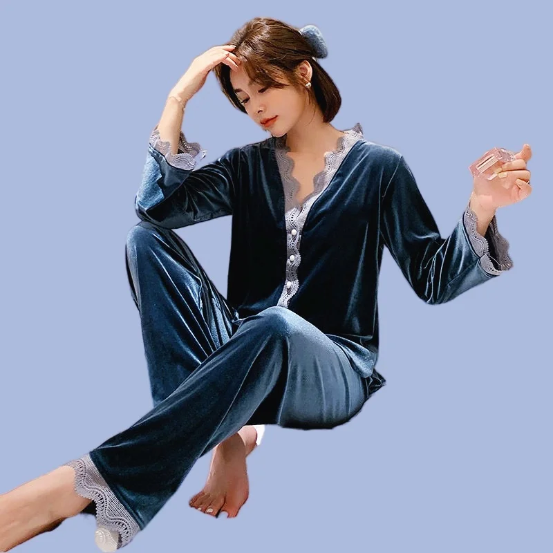 Women's Pajamas Set Soft Velvet Lace Pyjama Homewear Cozy Spring Sexy Black Sleepwear Big Size Femme Pure Color Pjs
