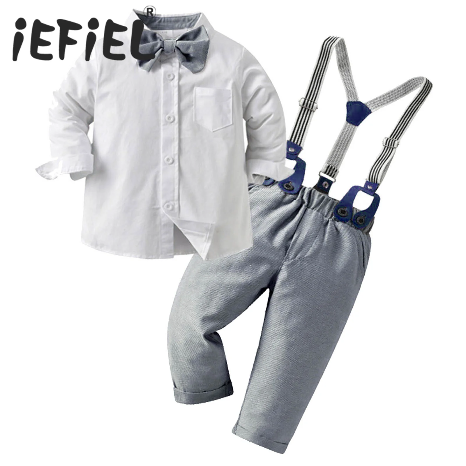 

Baby Boys Gentleman Sets Kids Cotton Lapel Collar Buttons Shirt Romper with Adjustable Suspenders Pants Set Birthday Party Suit