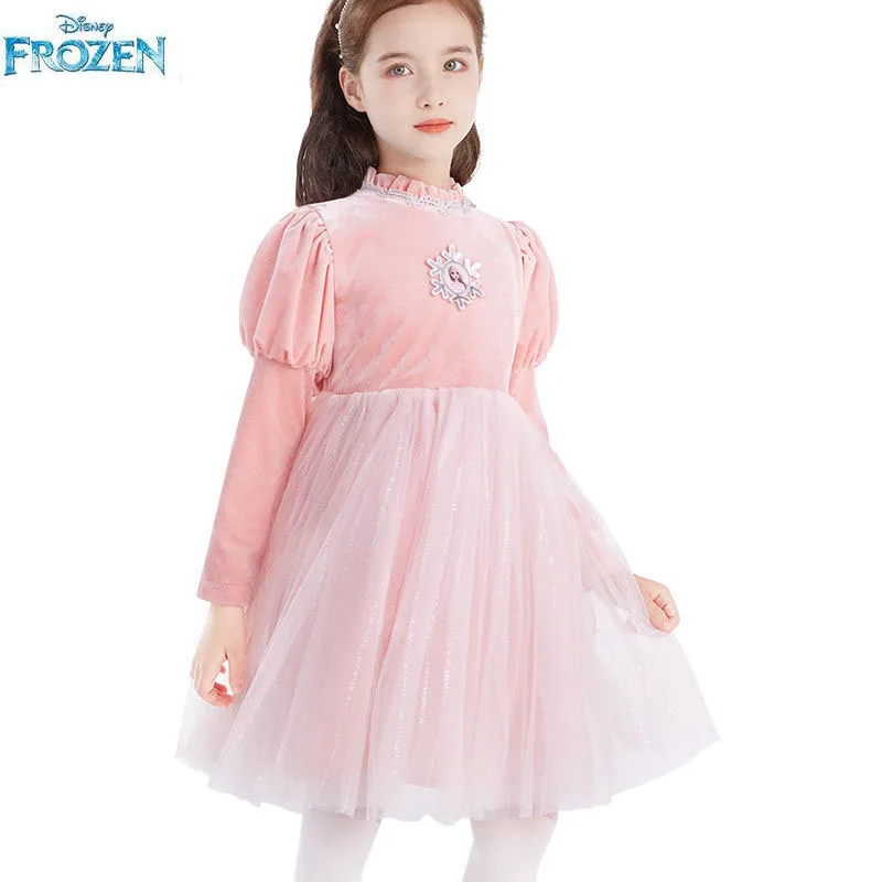 Disney Children's Dress Autumn Elsa Princess Dress Sweet and Western Girl Mesh Dress Birthday Party Velvet Dress