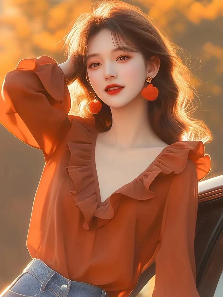 Красные рубашки с длинными рукавами. Осенняя одежда. Женские модели. 2024. Новые