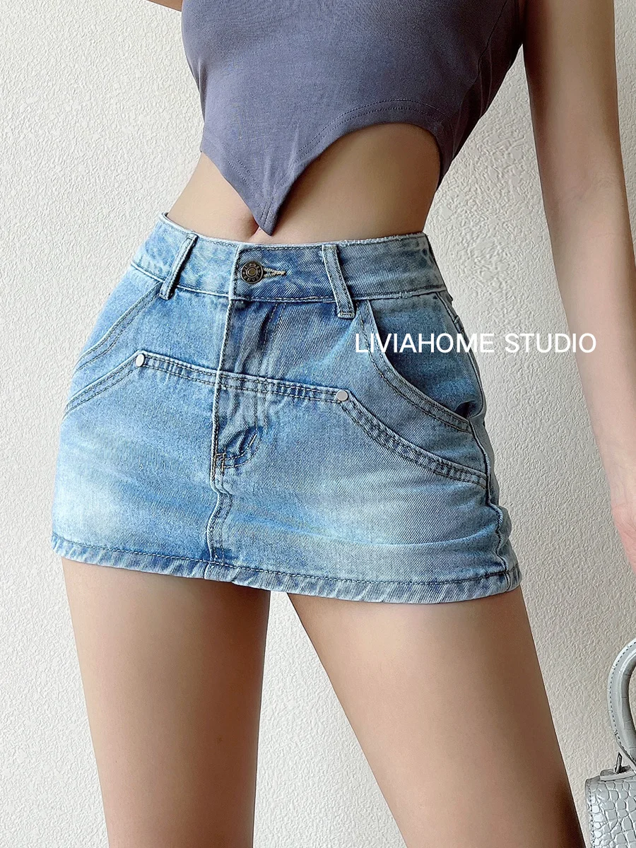 

Юбка женская джинсовая тонкая с завышенной талией, пикантная короткая в американском ретро стиле, с длинными штанинами, голубая в Корейском...