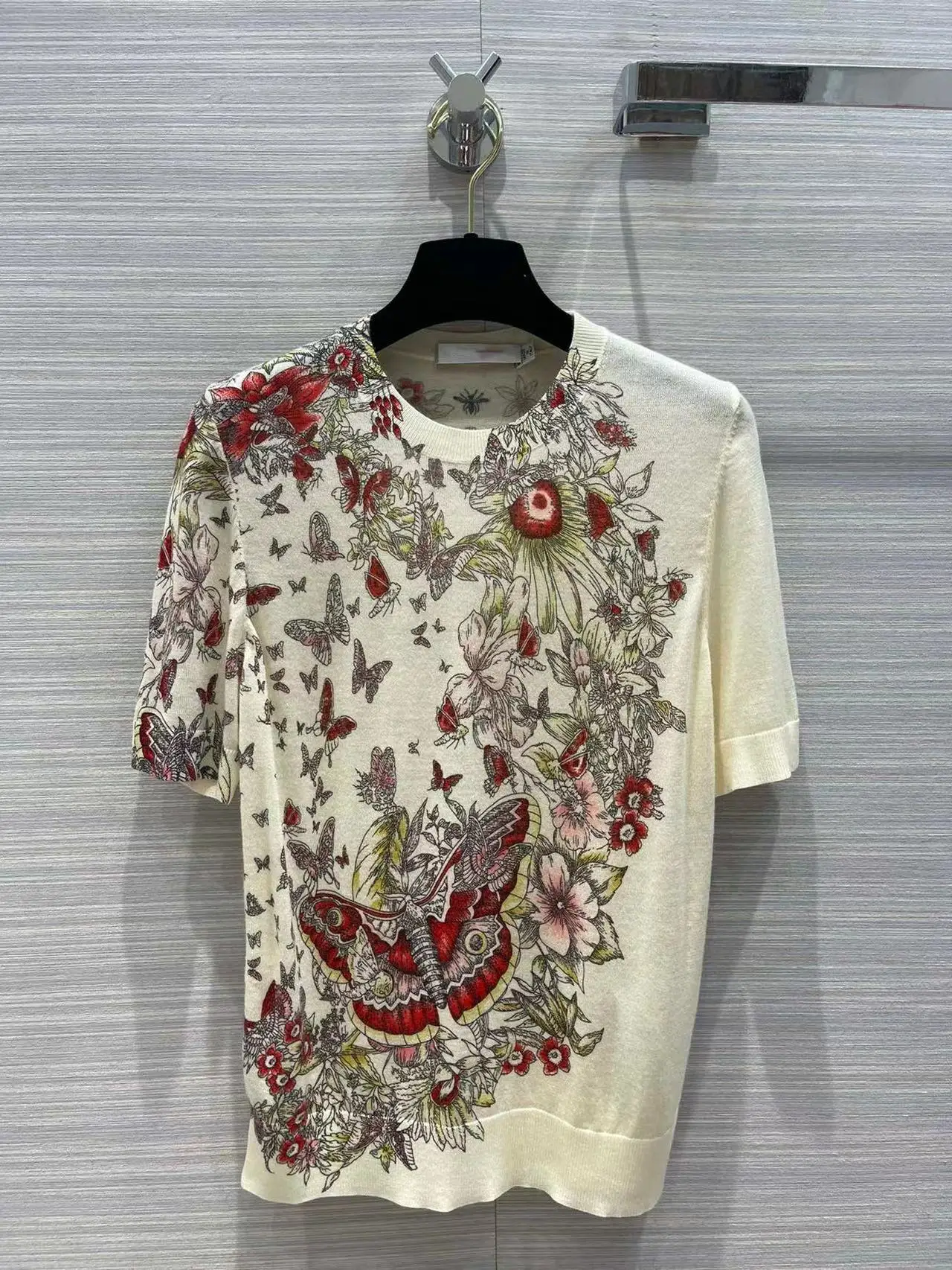 

Fashion Runway 2022 Spring Summer Casual Wool T-shirt Women Flowers Printed Short Sleeve Knit T-ShirtS
