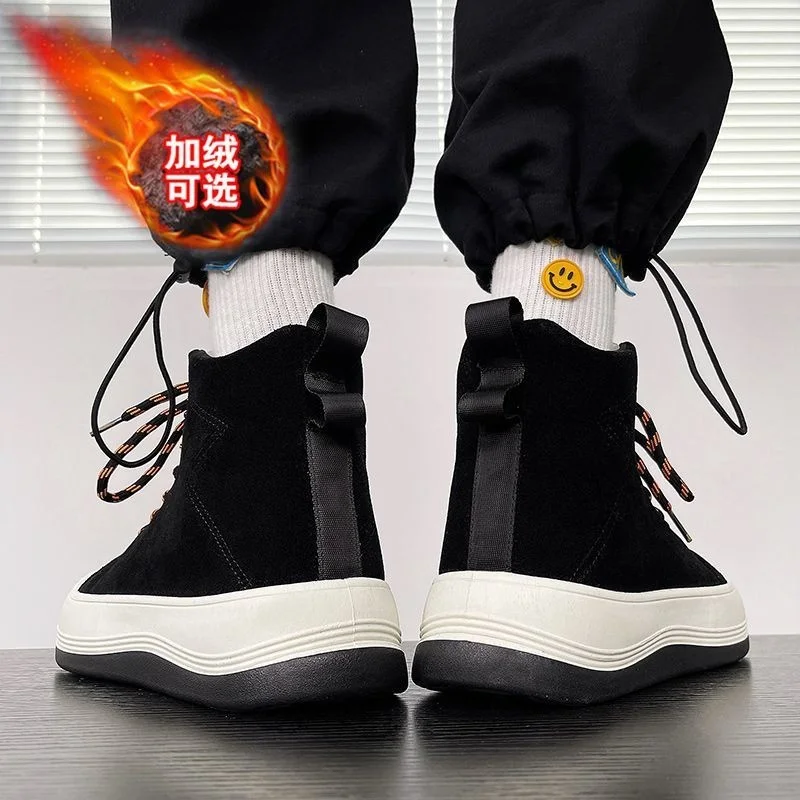 

Роскошные брендовые настоящие осенние кожаные подъемные корейские Модные Повседневные высокие ботинки для мужчин кашемировая хлопковая о...