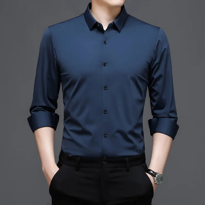 

Рубашка мужская с длинным рукавом, деловая бесшовная, брендовая, однотонная, из шелка тутового шелкопряда, Осень-зима