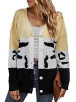 women patchwork print cardigan with pockets long sleeve open front casual knit ladies sweaters coat female mid length knittwear