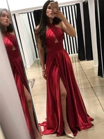 new summer evening dresses sexy halter red long satin prom dresses high split backless party gowns custom made robe de soir%c3%a9e