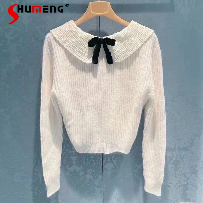 

2022 Spring New Women's French Sweet Elegant Knitted Top Ladies Fashon Elegant Doll Collar Deep V-neck Backless Pullover Sweater