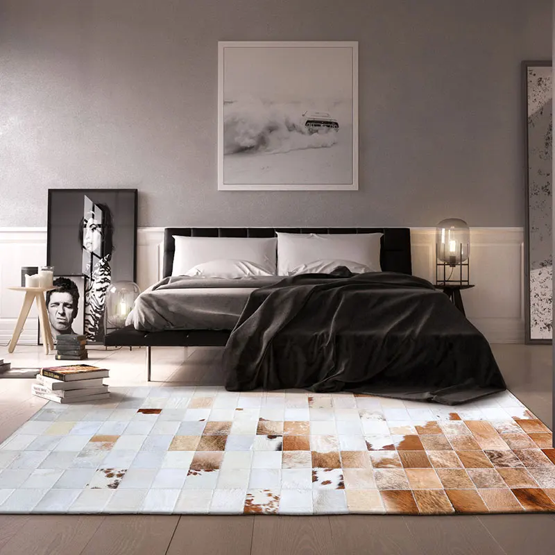 

Handmade Genuine Cowhide Carpet Bedroom Decor Customize Large Home Modern Area Rug Bedside Mat Light Luxury Living Room Carpet