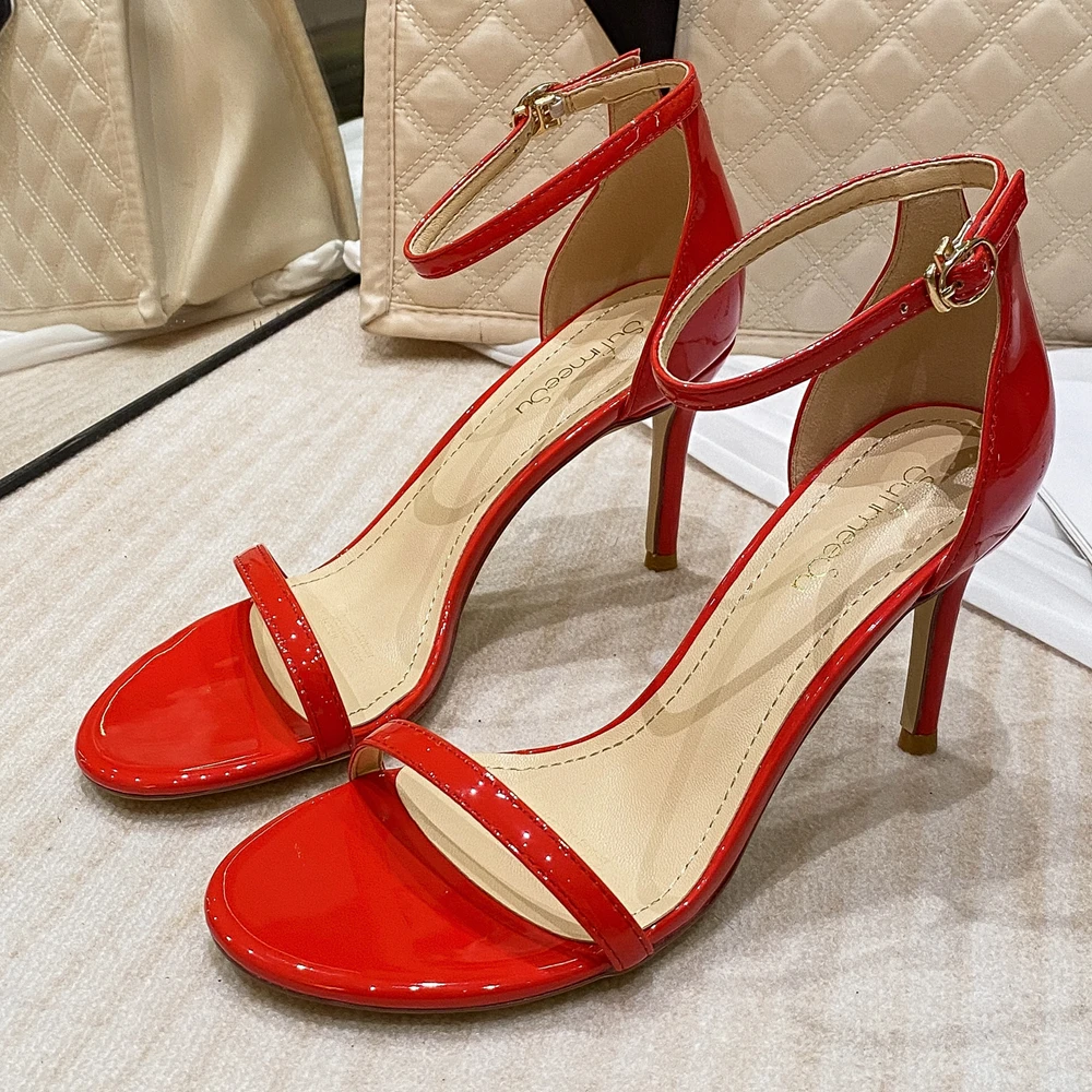 

Summer Women Sexy Banquet Sandals Patent Leather Thin High Heels Stiletto Fashion Ladies Open Toe Red Ankle Strap Shoes O0030