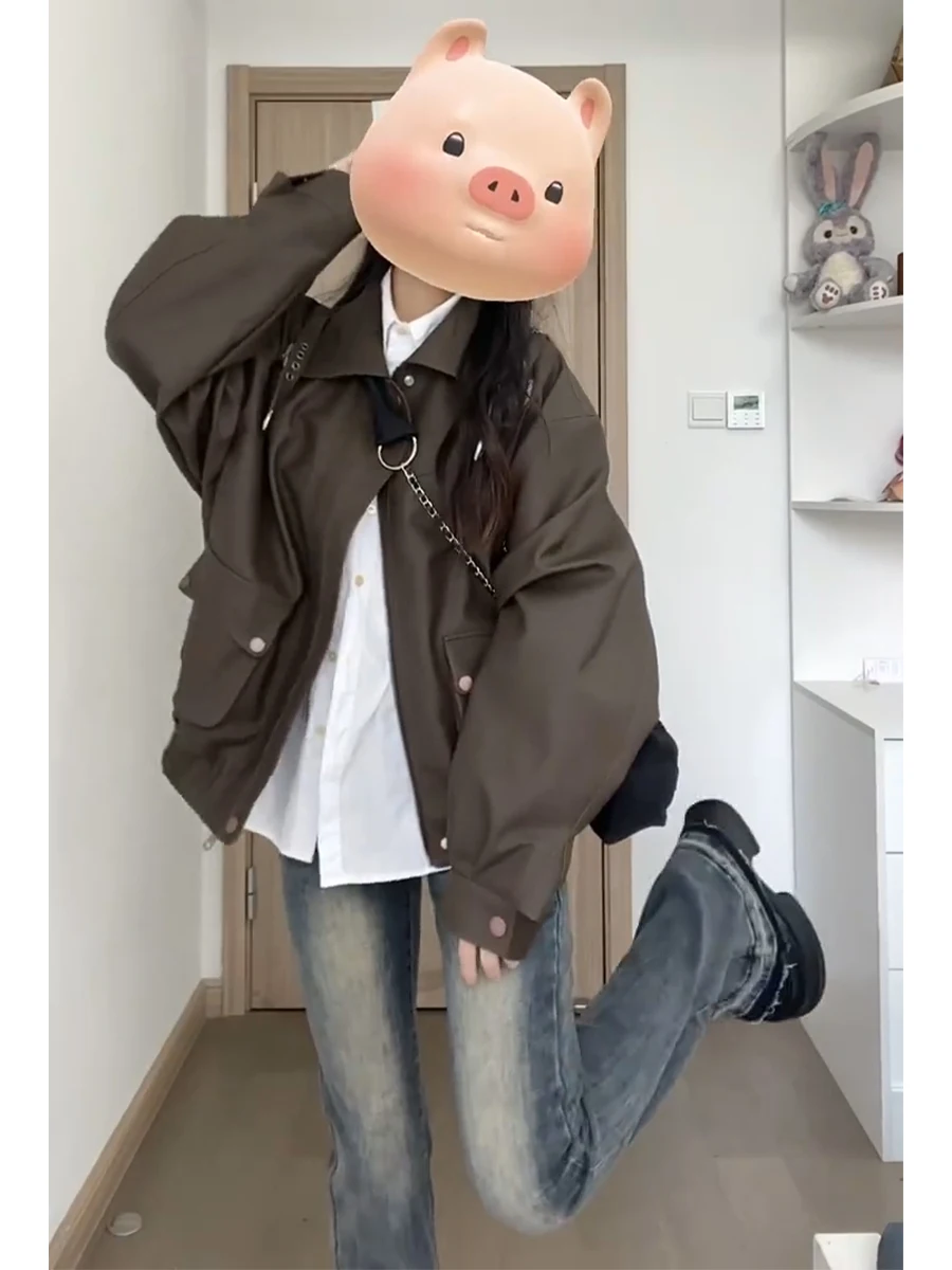 American vintage Design PU Leather Coat Outerwear Women Autumn and Winter New Sweet Cool Gyaru Motorcycle Clothing Loose All-...