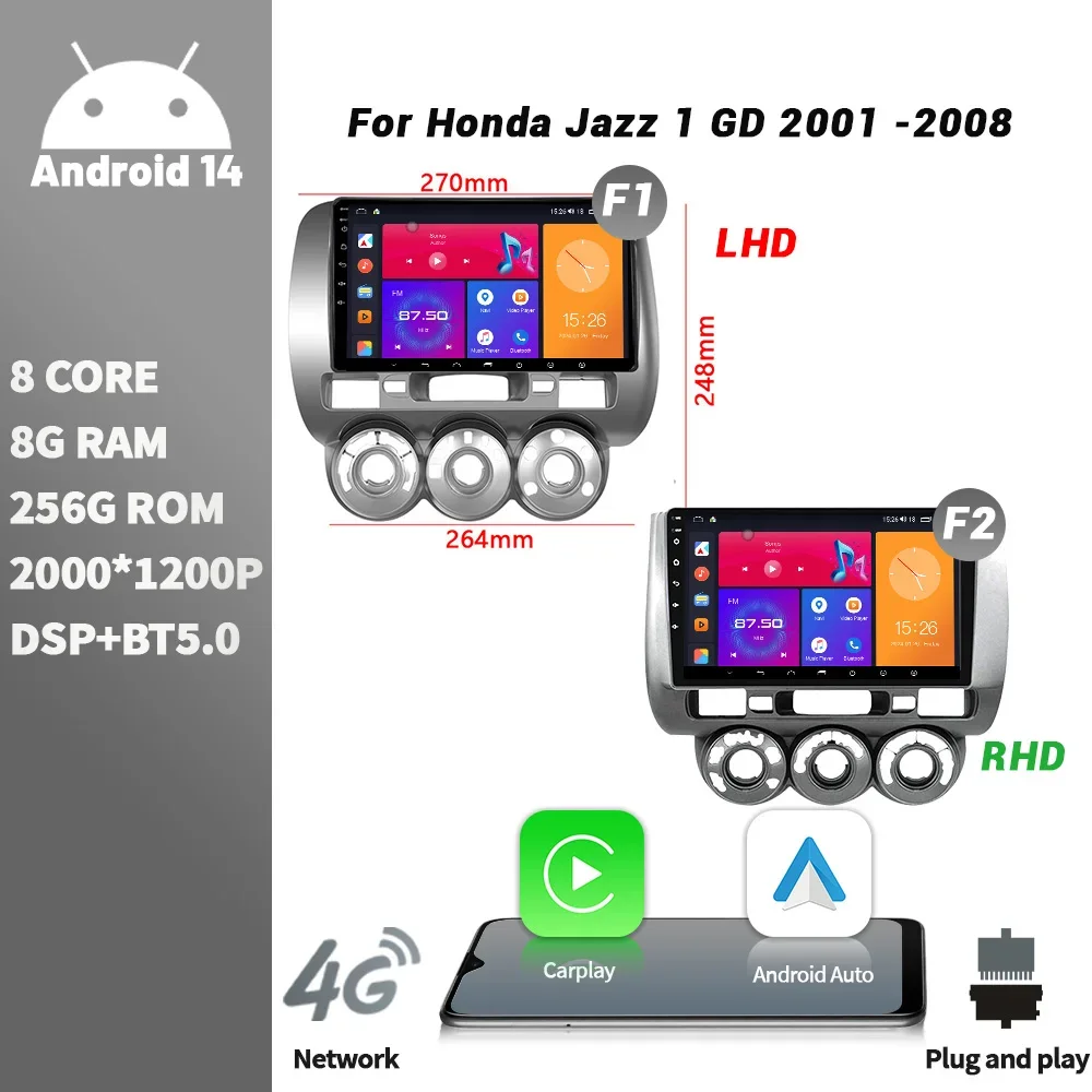 Android беспроводной стерео экран CarPlay для Honda Jazz 1 GD 2001-2008 WIFI 4G автомобильный