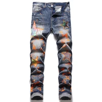 eh%c2%b7md orange splash ink jeans mens star embroidery patch 3d printing soft casual cotton trend youth distress extension stretch
