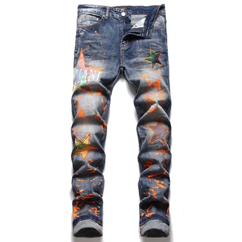 EH·MD Orange Splash Ink Jeans Men's Star Embroidery Patch 3D Printing Soft Casual Cotton Trend Youth Distress Extension Stretch 1