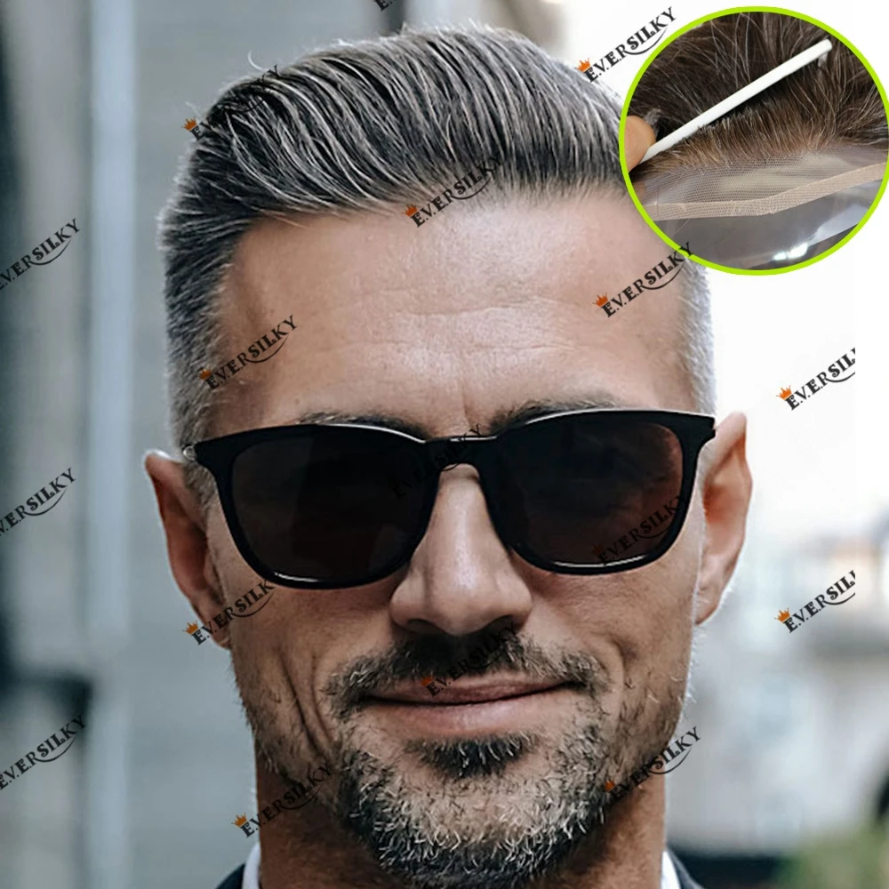 

Отбеливающие узлы, кружевные передние человеческие волосы, мужской парик с серыми волосами, естественная линия волос, версалит, дышащая система замены волос Remy