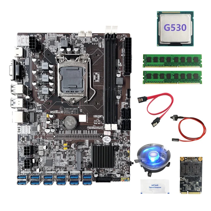 B75 ETH Mining Motherboard 12USB+G530 CPU+2XDDR3 4GB 1600Mhz RAM+128G SSD+Fan+SATA Cable+Switch Cable+Thermal Grease