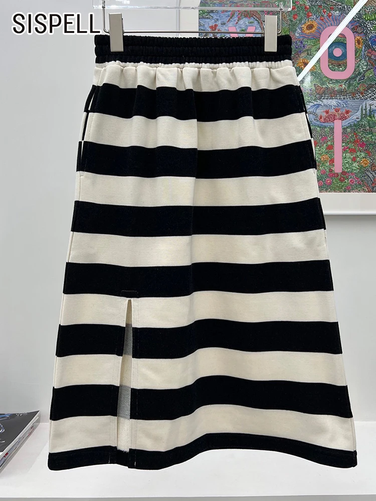 

SISPELL Loose Striped Colorblock Midi Skirt For Women High Waist Straight Side Split Long Skirts Female Summer Fashion Clothing