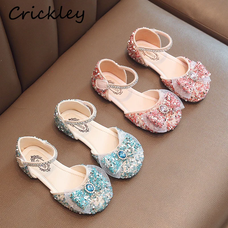 

New Bling Girls Princess Shoes Rhinestone Bow Party Soft Children Flats Shoes Summer PU Anti Slip Toddler Kids Single Shoes