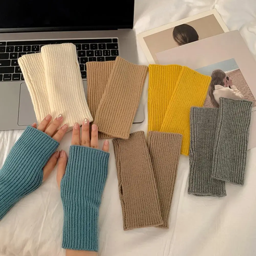 

1 Pair Trendy Women Fingerless Mittens with Thumb Hole Knitted Gloves Half Finger Stretch Knitting Fingerless Gloves Daily Wear