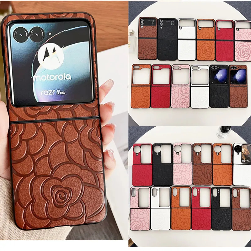 Кожаный чехол с цветочным рисунком для Samsung Galaxy Z Flip5 4 3 Motorola Razr 40ultra OPPO Find N2Flip N3Flip VIVO