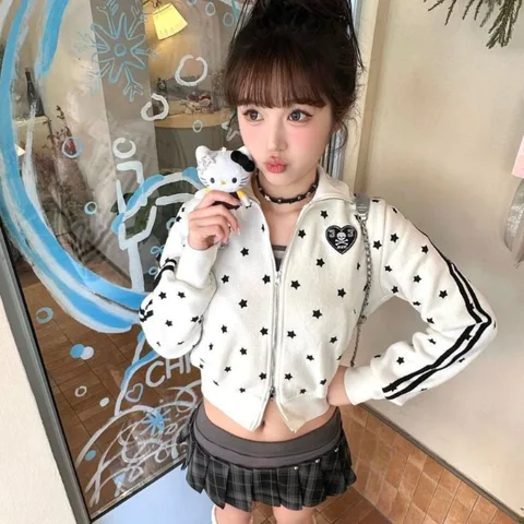 Neploe, свободное, милое, свежее, студенческое пальто в консервативном стиле, толстовка с вышивкой в горошек и звездой, короткая универсальная литературная куртка