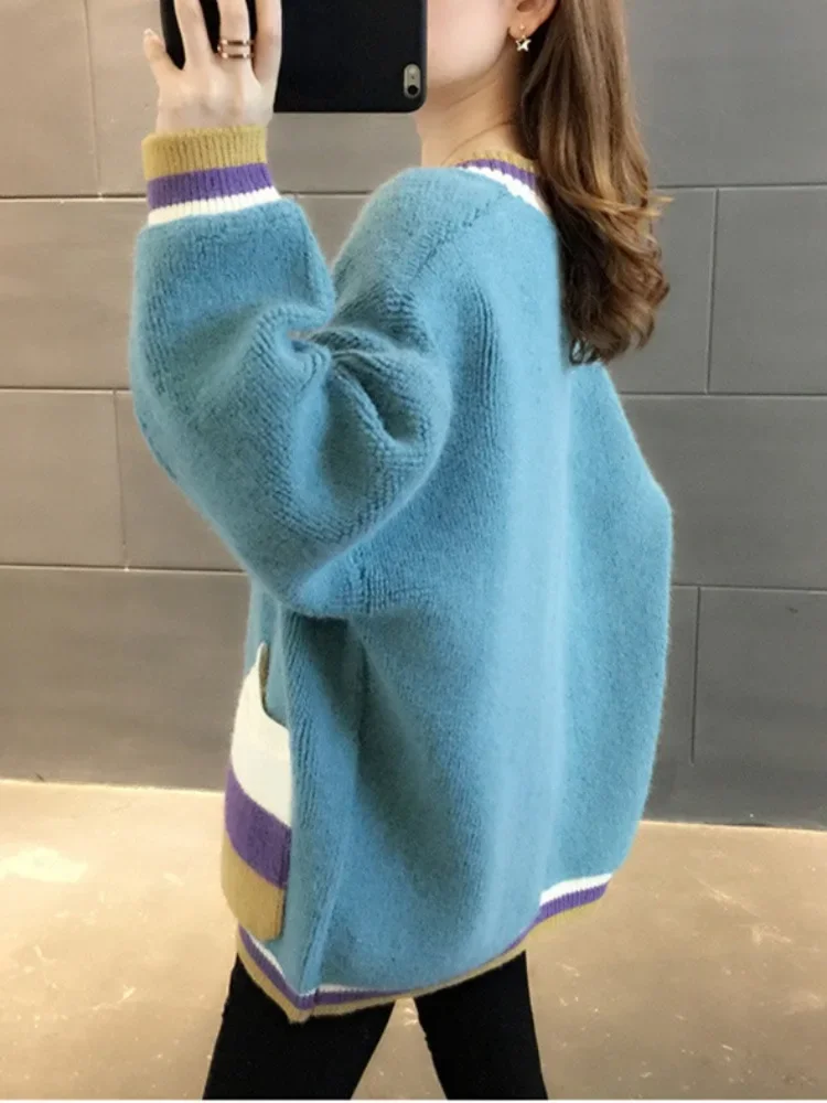 Вязаный кардиган контрастного цвета женская осенне-зимняя одежда повседневный