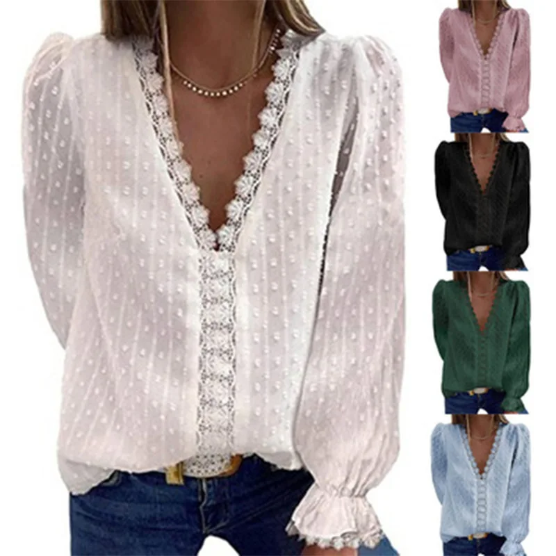 European and American women's solid color V-neck embroidery lace long-sleeved chiffon shirt