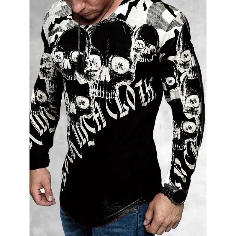 

2022 European and American men's fashion casual long sleeve animal skull printed T-shirt