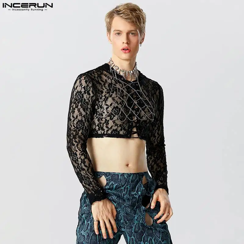 

Sexy Fashion Style Tops INCERUN Men's Lace Printing Pattern See-through Mesh Shirts Casual Streetwear Short Sleeved Blouse S-5XL