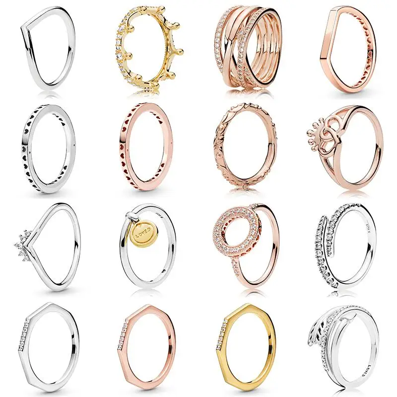 

925 Sterling Silver Rings With Sparkling Rose Gold Star Arrow Love Crown Crystal Daisies Ring For Women Wedding Party Jewelry