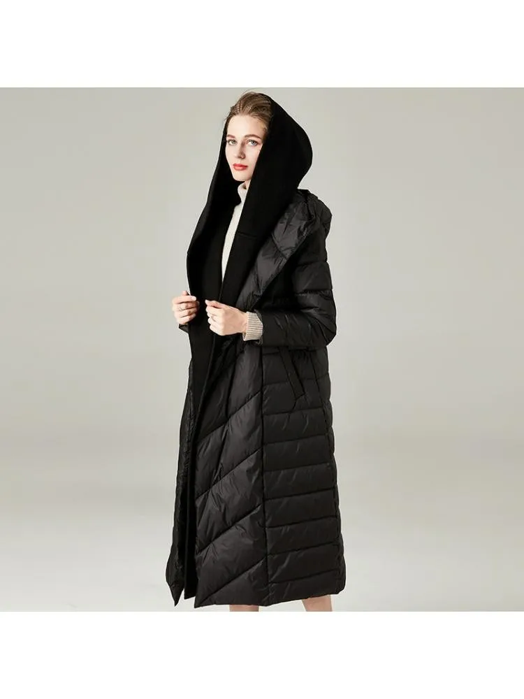 2022 Winter High-End Black Thicke Long 90 White Duck Down Coats Women Stitching Wool Hooded Lace Up Padded Warmer Jackets