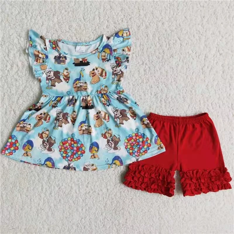 

fashion girl clothing set flutter sleeve cartoon t shirt top and solid red shorts 2 pcs baby girl outfit summer kids clothing