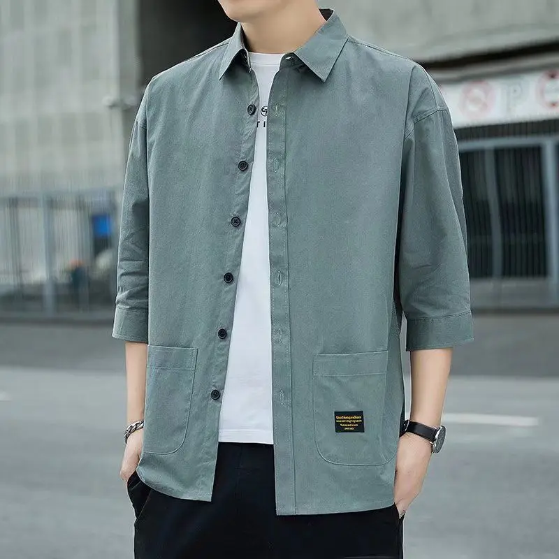 

Однотонные рубашки с рукавом 3/4 в стиле сафари, весна-осень, универсальная однобортная Мужская одежда, свободные рубашки с воротником-поло д...